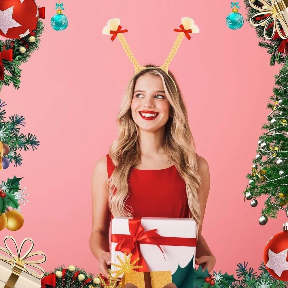 2 Pcs Christmas Headbands Blonde Pigtails with Red Bows for Holiday Party